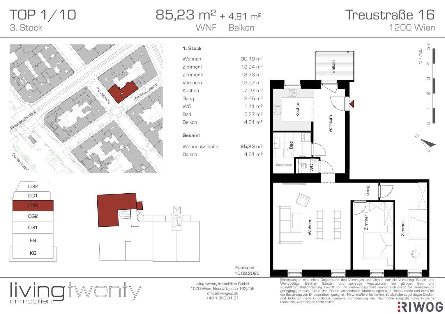 Detaillierter Grundriss einer 85,23 m² Wohnung im 3. Stock mit zwei Schlafzimmern, Bad, separatem WC und Balkon.