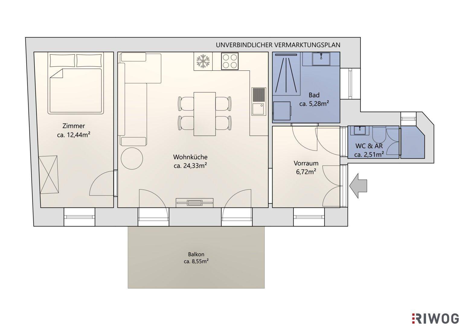 Grundrissplan einer Wohnung mit Wohnküche, Schlafzimmer und Balkon.