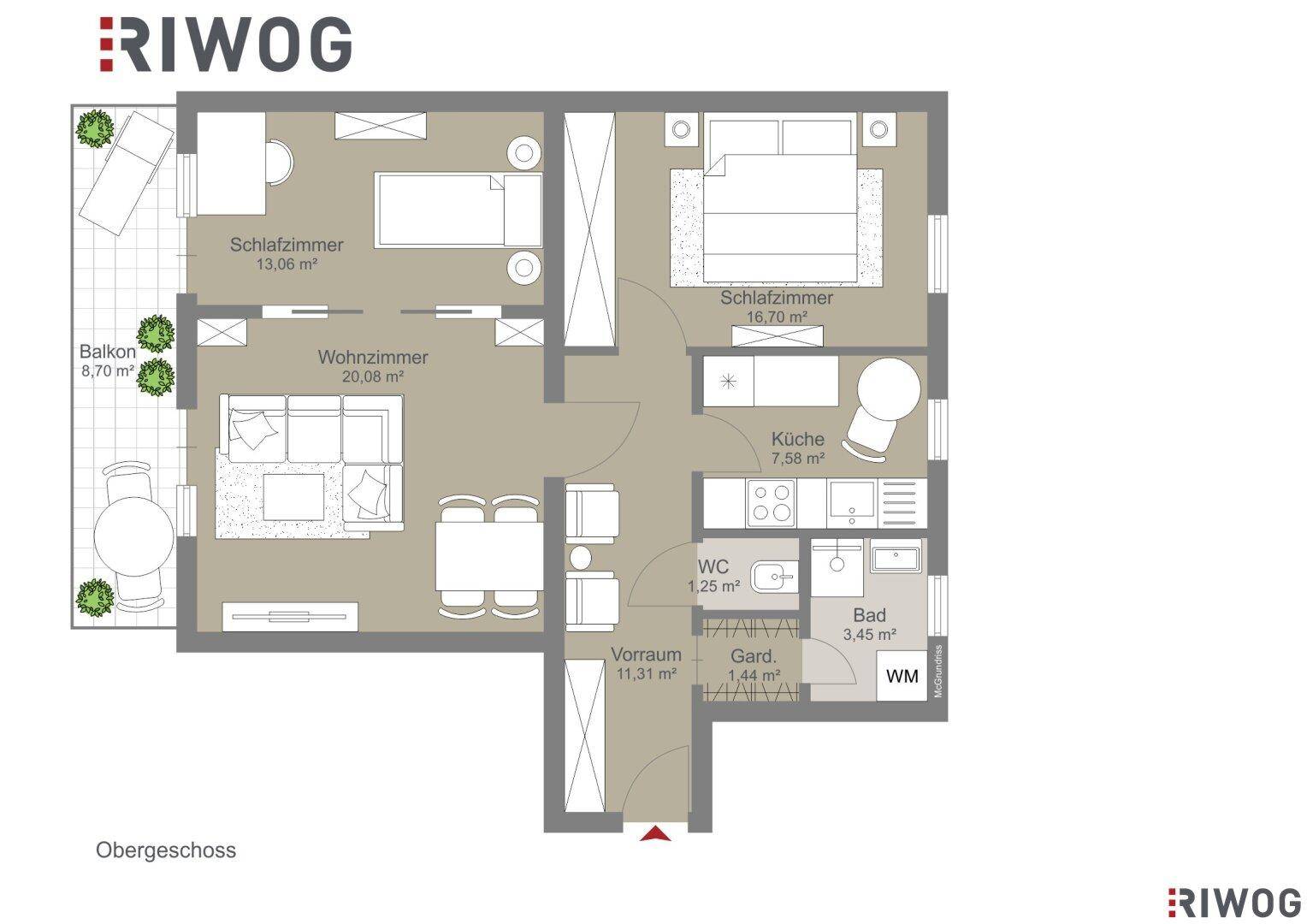 Grundriss der Wohnung mit drei Schlafzimmern, Wohnzimmer, Küche und Balkon.