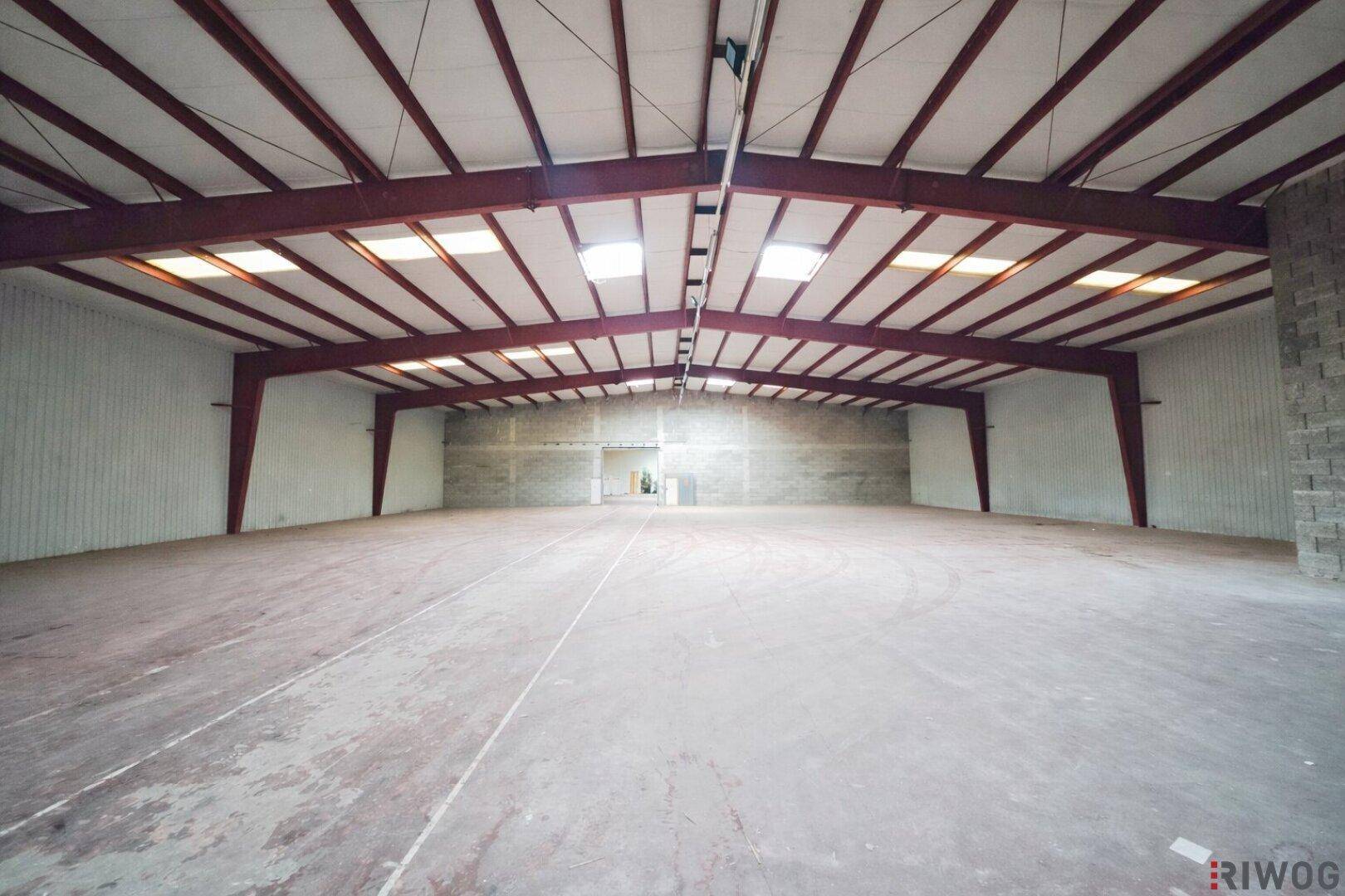 Weitläufige Lagerhalle mit Betonboden und Oberlichtern, die viel Tageslicht hereinlassen.