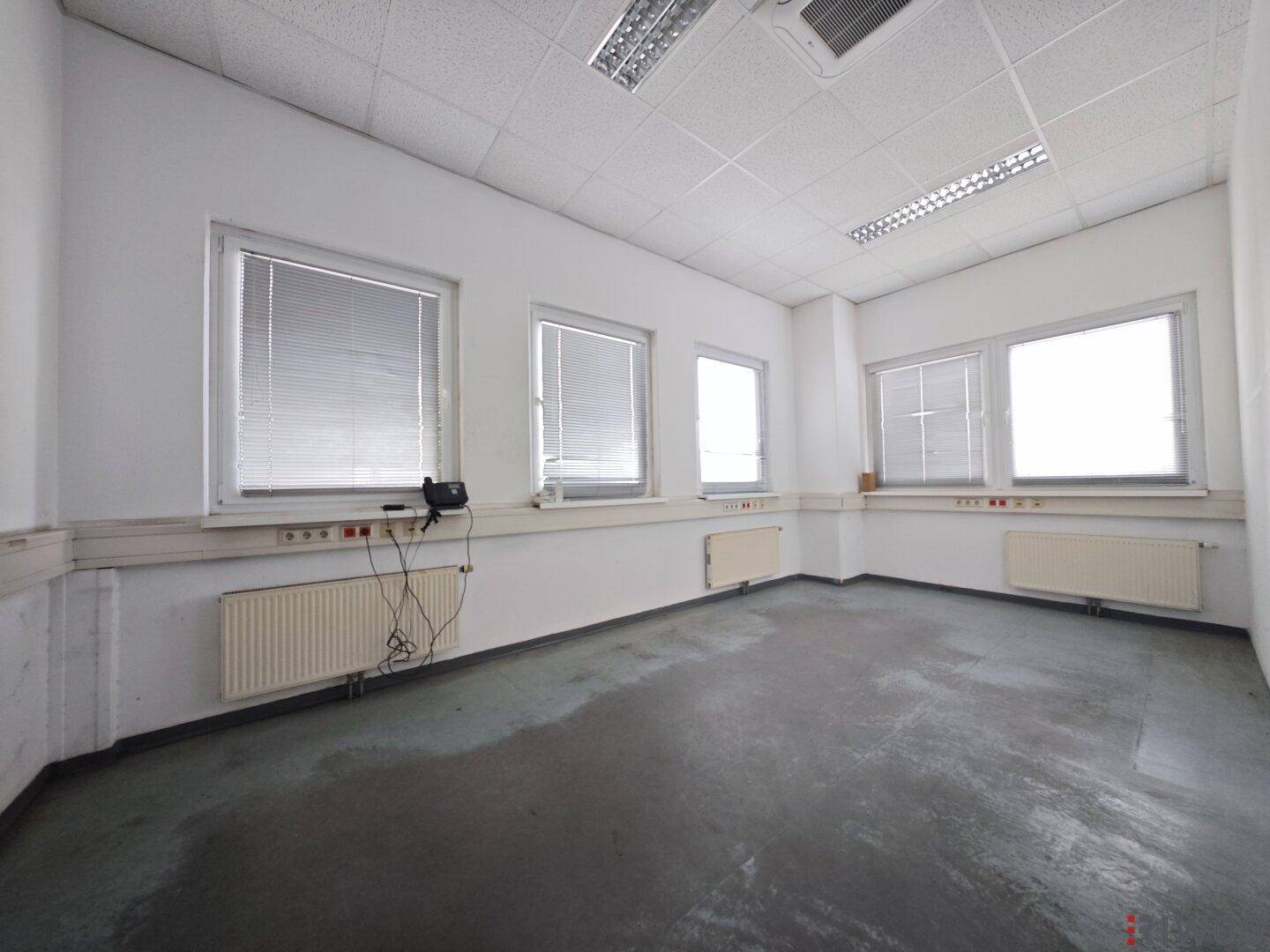 Leeres Büro mit weißen Wänden, mehreren Fenstern, Heizkörpern und einem Rasterdecken-System.