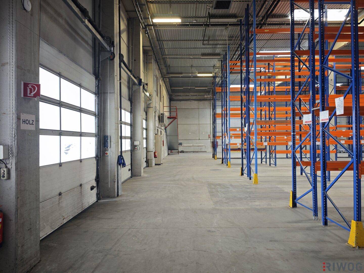 Weitläufige Lagerhalle mit Betonboden, hohen Regalen und großen Toren für den Warenumschlag.