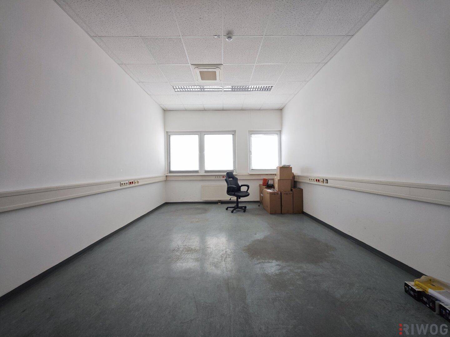Geräumiges, leeres Büro mit weißen Wänden, drei Fenstern und einem praktischen Betonboden.