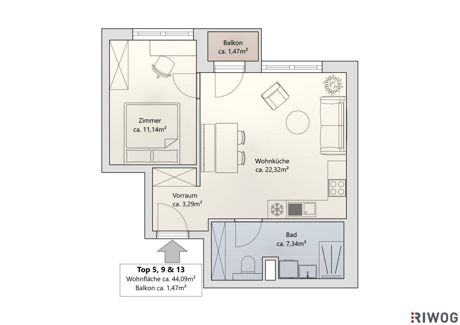 Grundriss einer Wohnung mit offenem Wohn- und Küchenbereich, einem Schlafzimmer, Bad und Balkon.