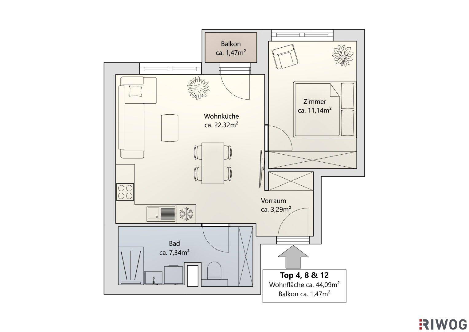 Grundriss einer Wohnung mit Wohnküche, Schlafzimmer, Bad und Balkon.