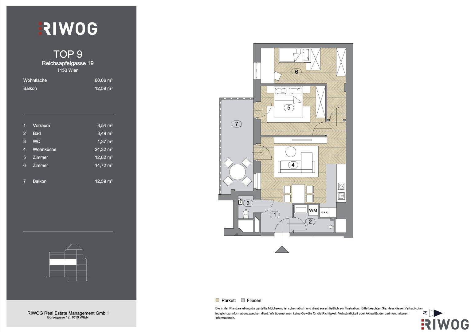 Grundriss der Wohnung Top 9 mit 60,06 m² Wohnfläche und 12,59 m² Balkon.