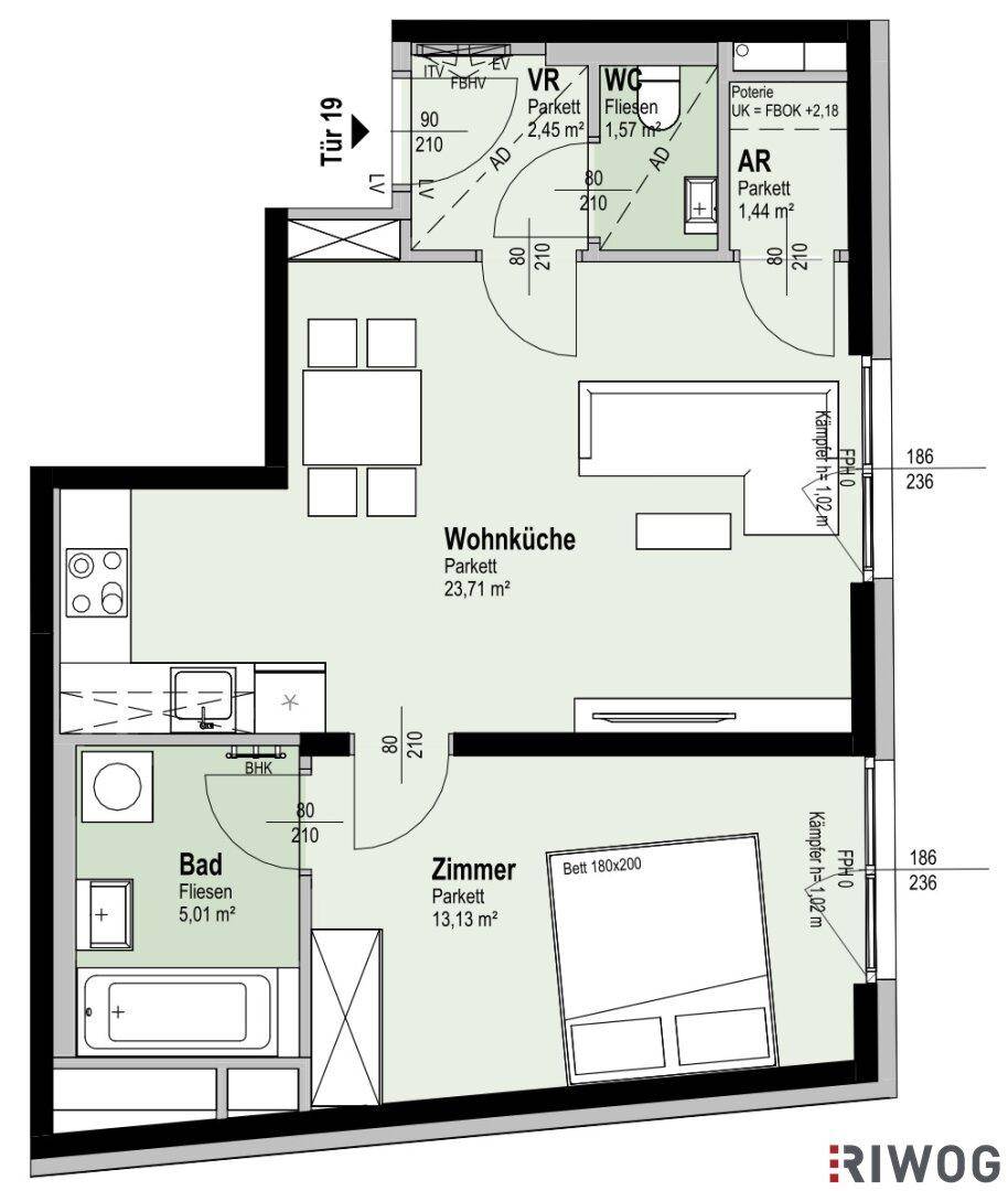 Grundriss einer modernen Wohnung mit offener Wohnküche, separatem Schlafzimmer und zwei Bädern.