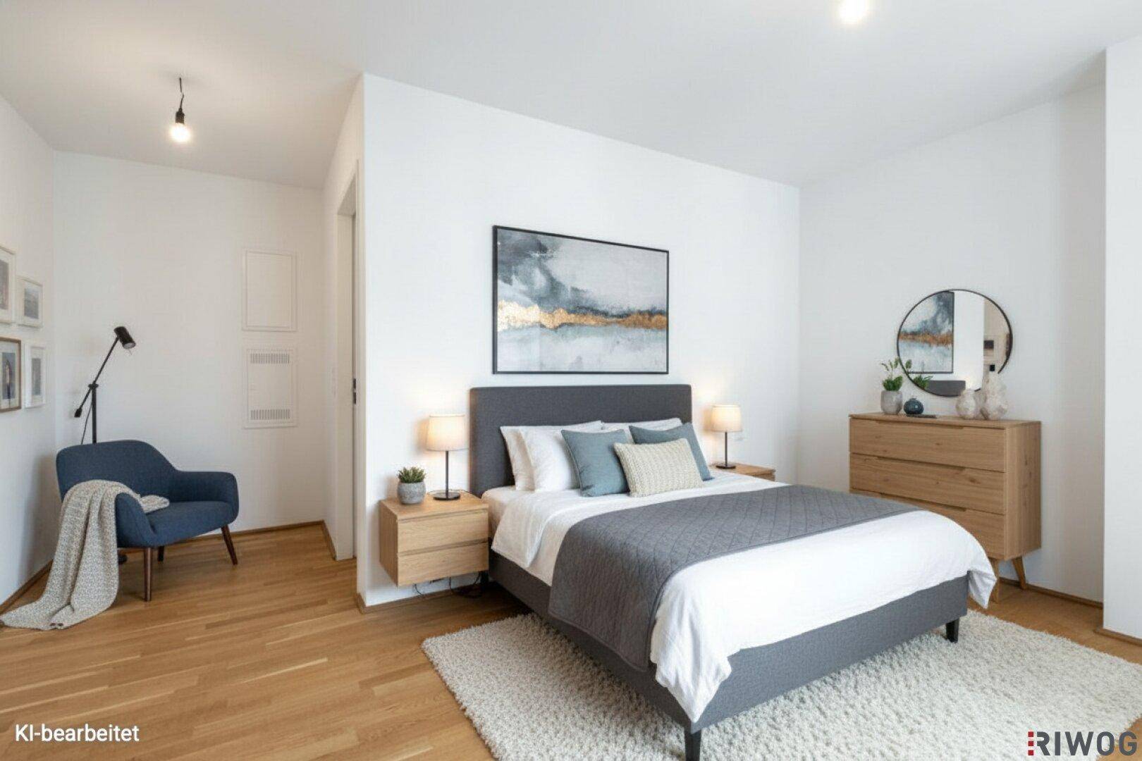 Modern eingerichtetes Schlafzimmer mit Parkettboden und gemütlicher Atmosphäre.