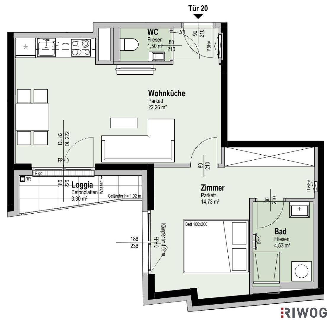 Grundriss einer Wohnung mit Wohnküche, Schlafzimmer, Bad und Loggia.