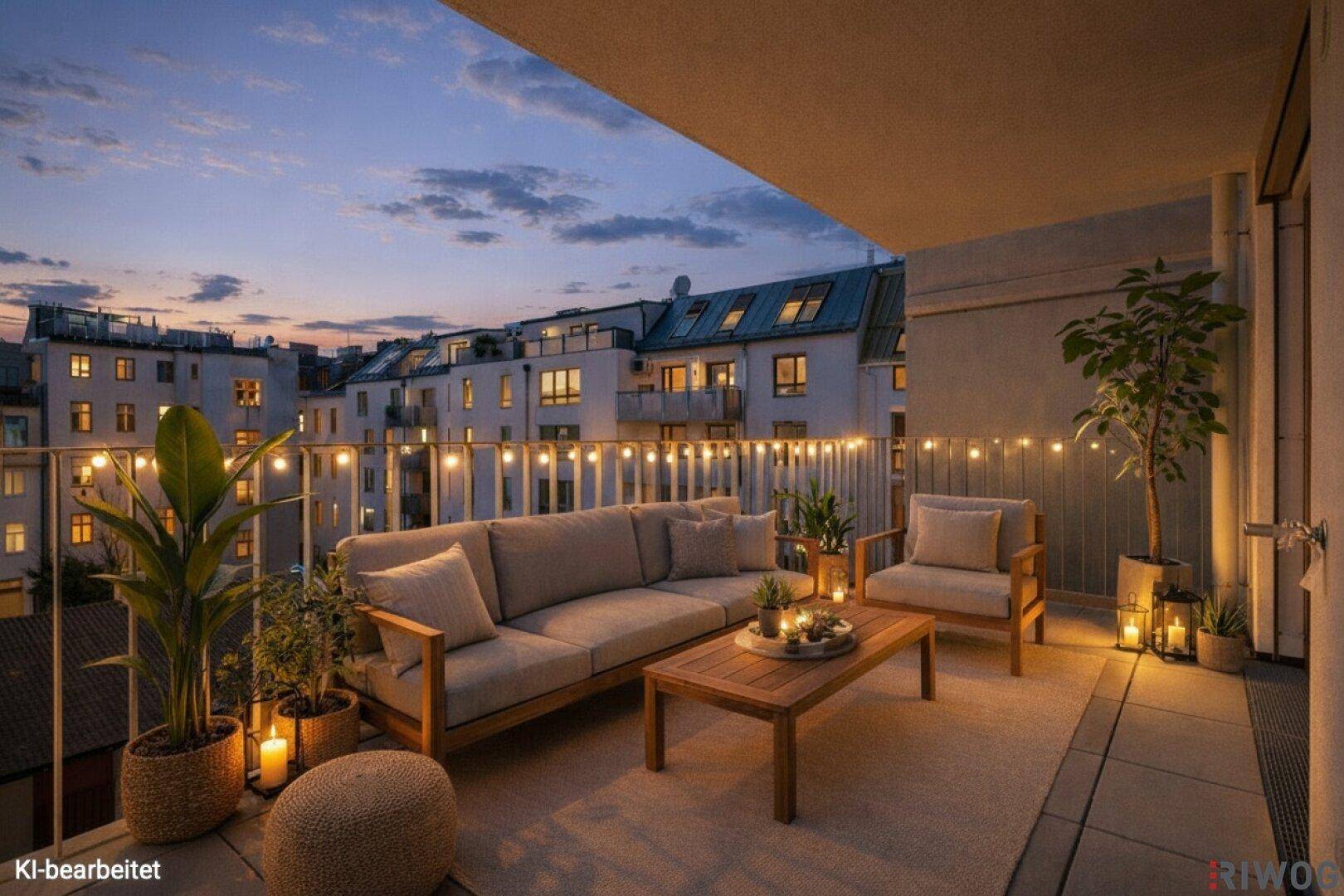Stimmungsvoller Balkon bei Sonnenuntergang mit gemütlicher Beleuchtung und bequemen Outdoor-Möbeln.