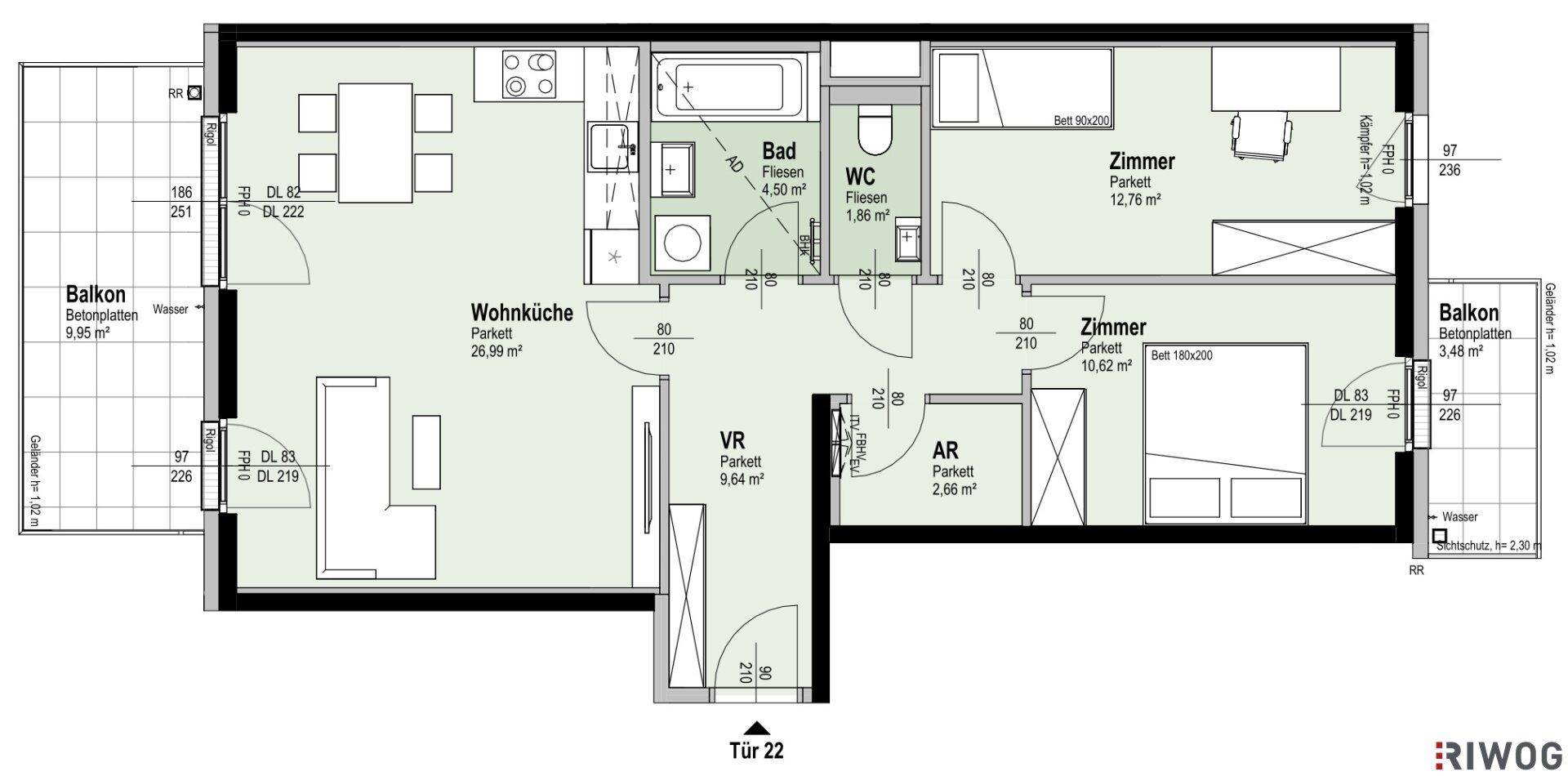 Grundrissplan einer Wohnung mit zwei Balkonen, Wohnküche und zwei Zimmern.