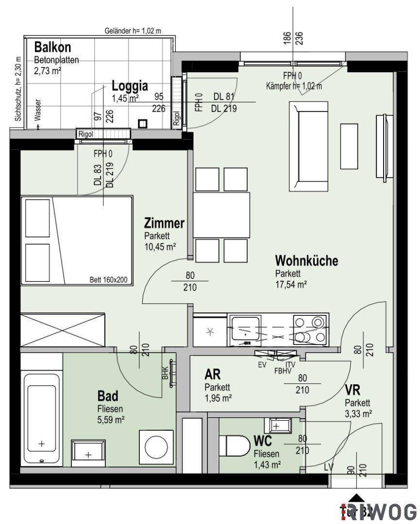 Grundriss einer Wohnung mit Wohnküche, Schlafzimmer, Bad, separatem WC, Balkon und Loggia.
