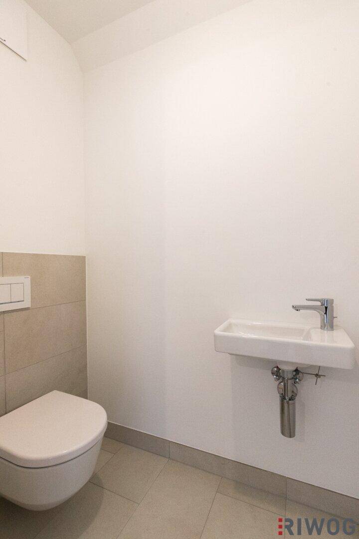 Kleines Gäste-WC mit Wand-WC und modernem Waschbecken.