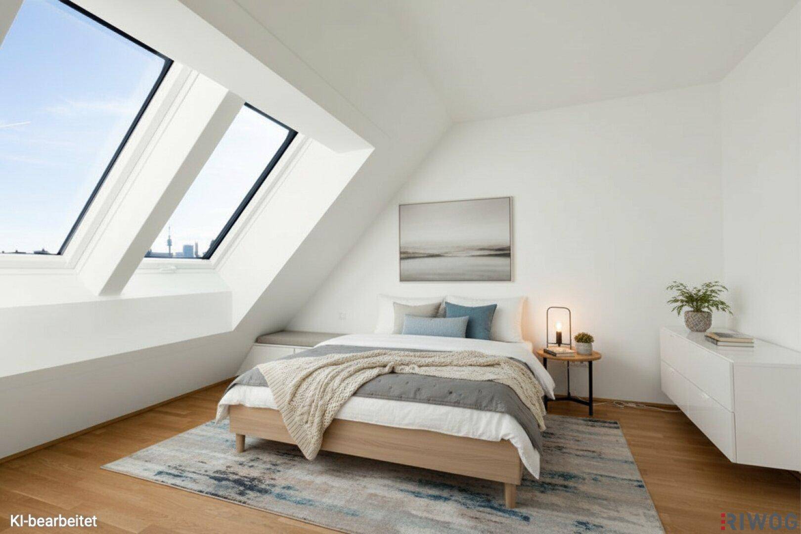Modernes Schlafzimmer mit Holzboden, Dachschrägen und großen Dachfenstern für Helligkeit.