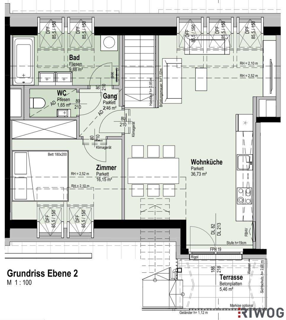 Grundriss Ebene 2 zeigt eine Wohnküche, Schlafzimmer, Bad und Terrasse.