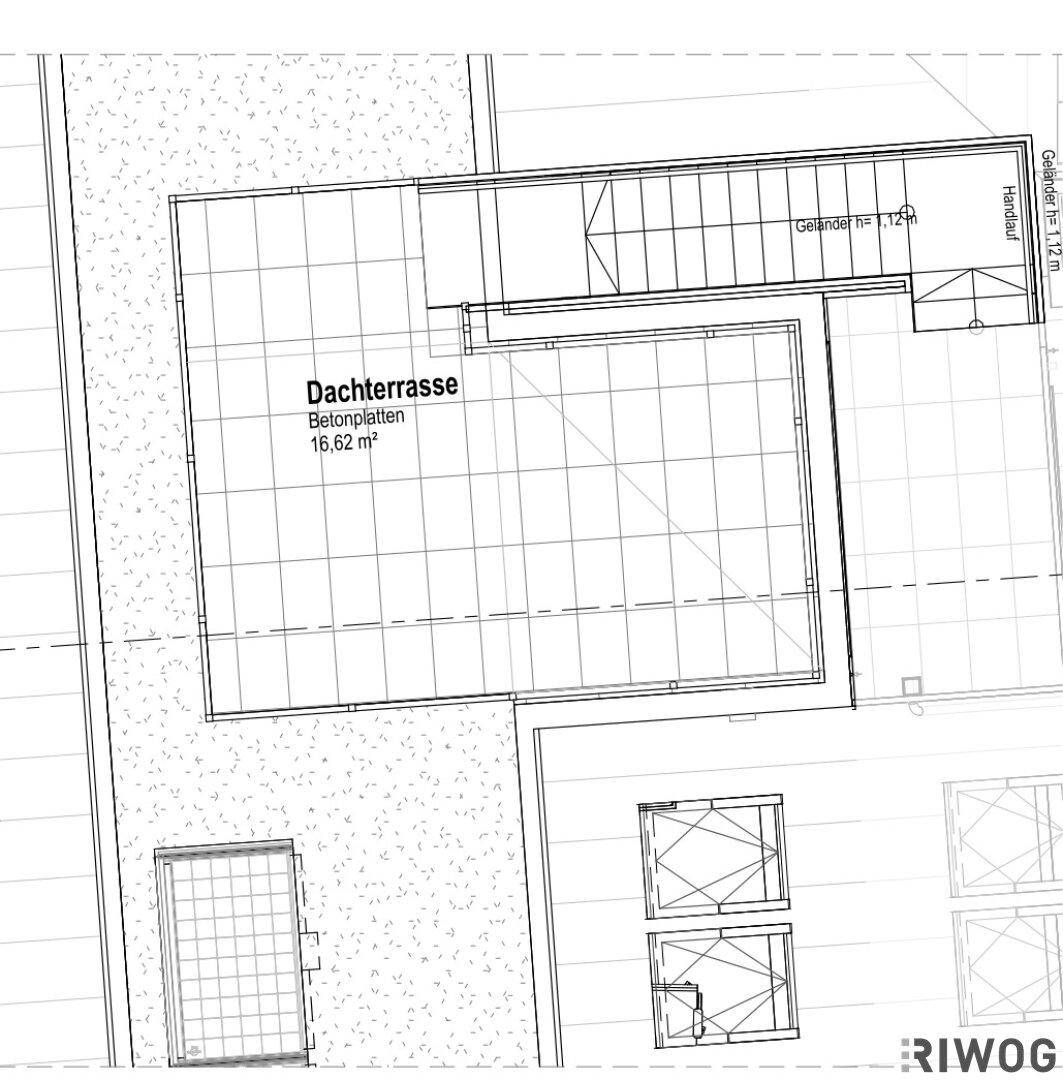 Grundriss der Dachterrasse mit Betonplatten und Zugang über eine Treppe.