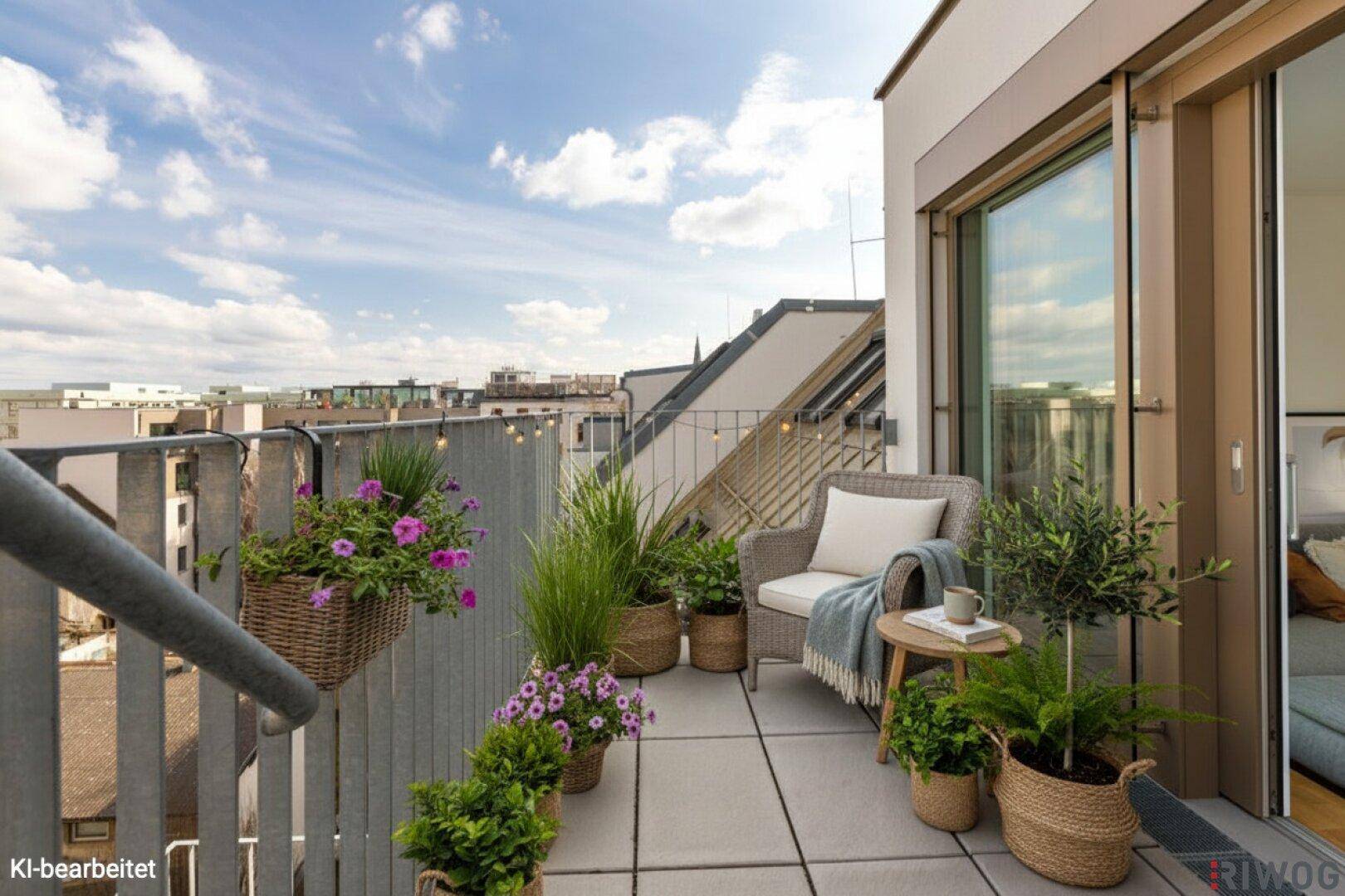 Begrünter Balkon mit gemütlicher Sitzecke und Blick auf die umliegenden Dächer.