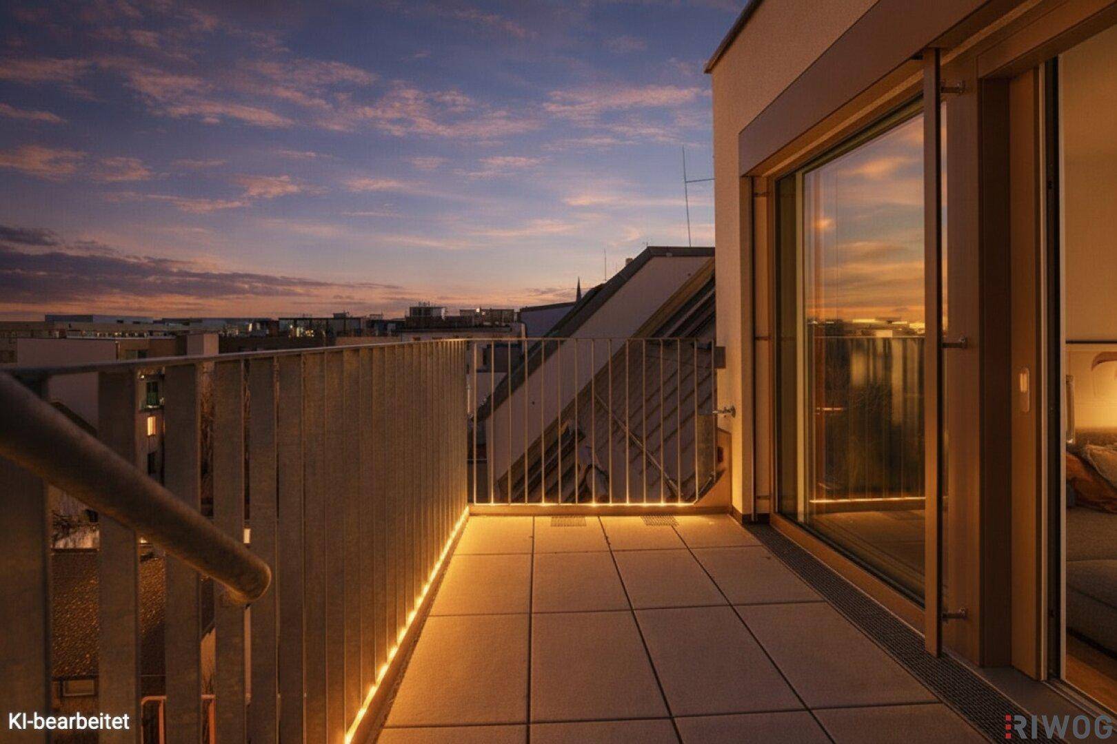 Beleuchteter Balkon mit Fliesenboden und stimmungsvoller Abendbeleuchtung.