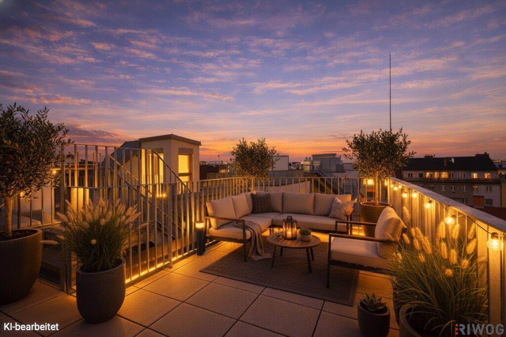 Stimmungsvoll beleuchtete Dachterrasse mit bequemen Loungemöbeln und Pflanzen bei Sonnenuntergang.