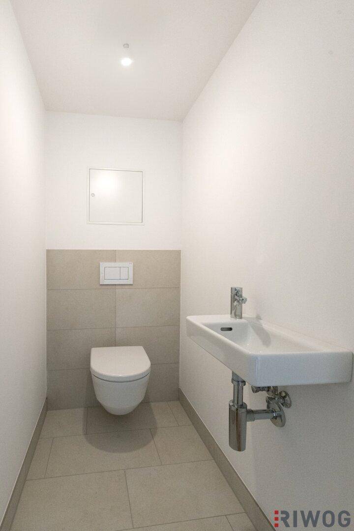 Modernes Gäste-WC mit Wand-WC und schwebendem Waschbecken.