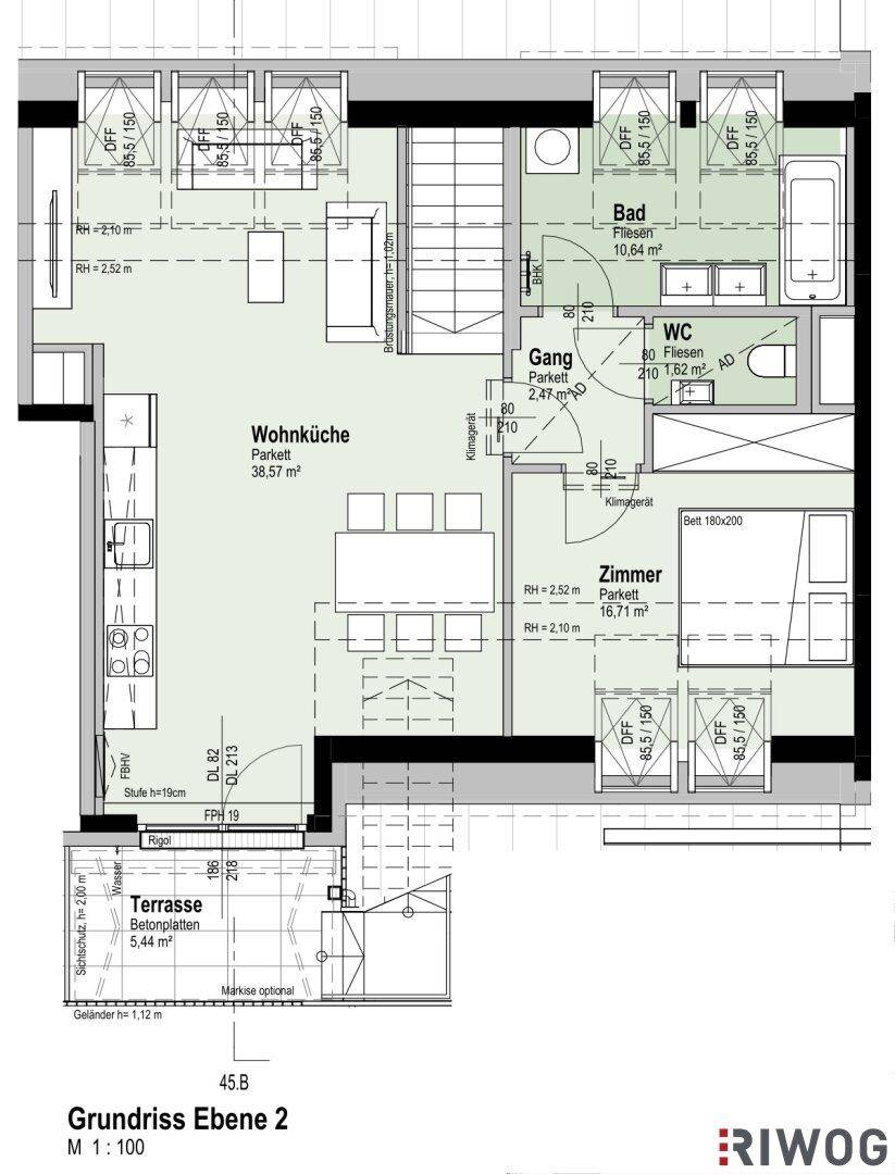Grundriss Ebene 2 mit Wohnküche, Schlafzimmer, Bad und Terrasse.