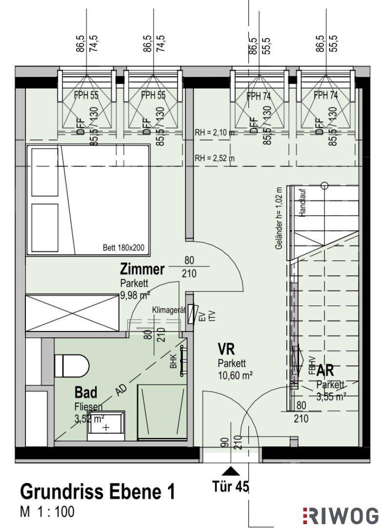 Grundriss Ebene 1 mit Schlafzimmer, Bad und Vorraum.