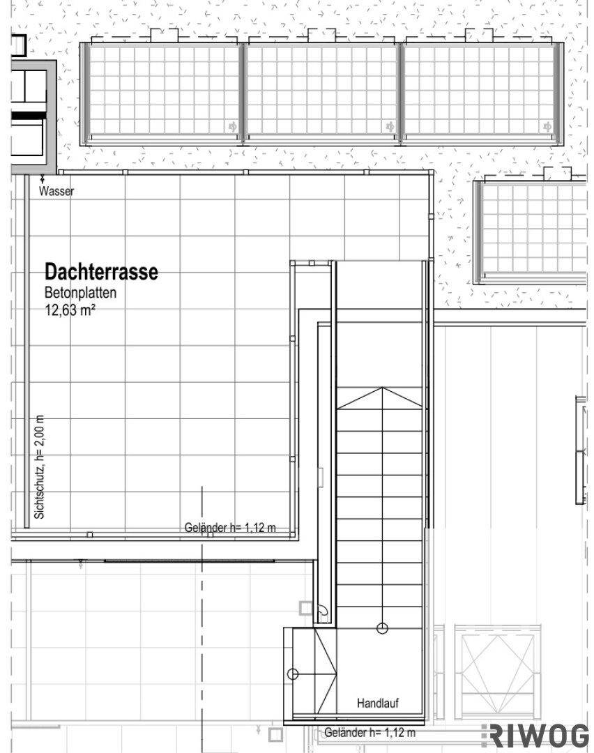 Grundriss der Dachterrasse mit 12,63 m² Fläche.
