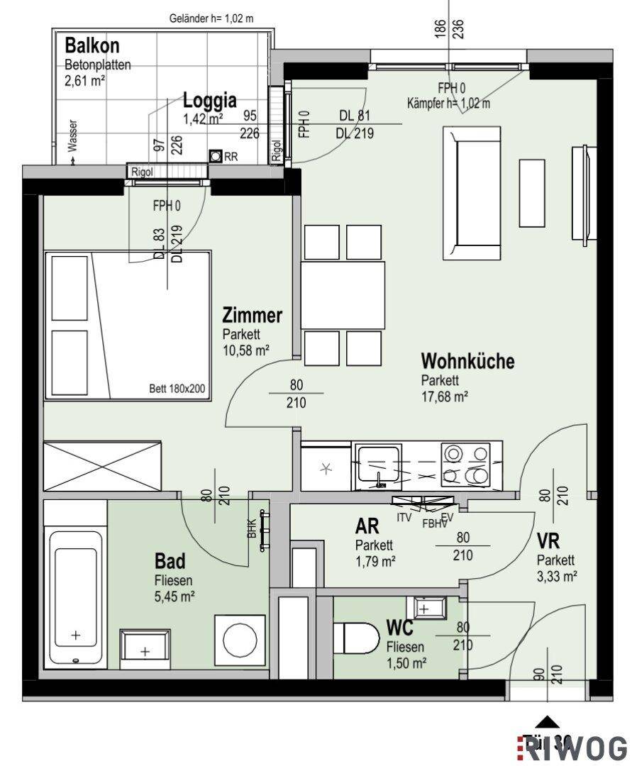 Detaillierter Grundriss einer Wohnung mit Balkon, Loggia und offener Wohnküche.
