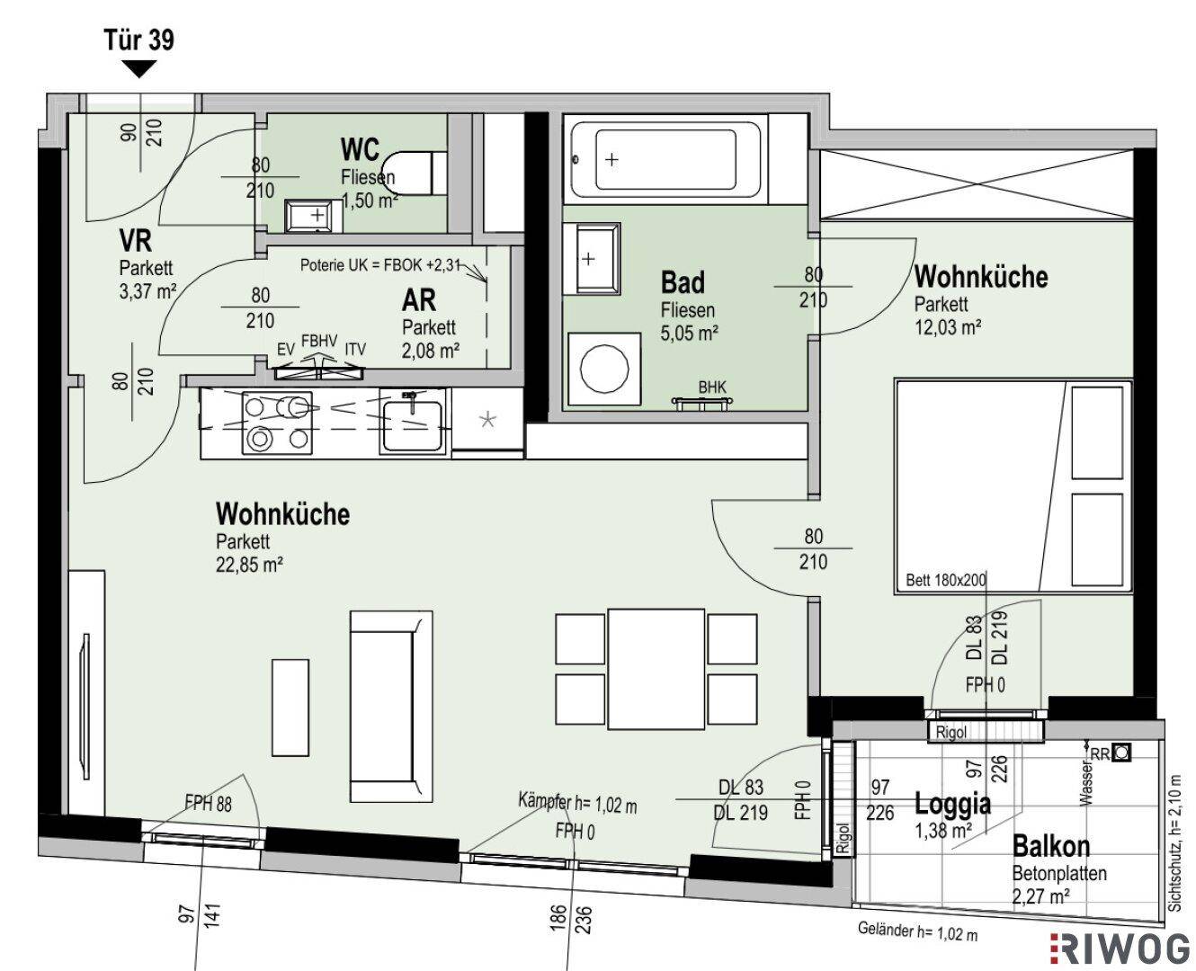 Grundriss einer Wohnung mit Wohnküche, Bad, WC und Loggia.