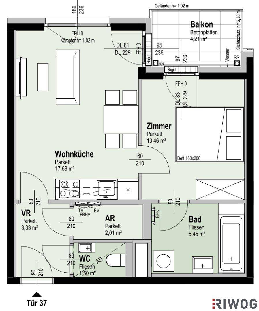 Grundriss einer Wohnung mit Wohnküche, Schlafzimmer, Bad und Balkon.