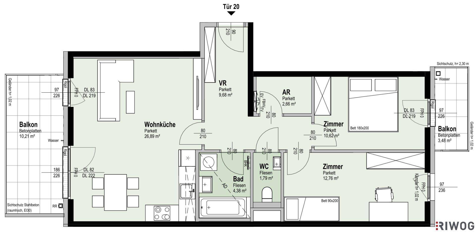 Grundriss einer Wohnung mit Wohnküche, zwei Schlafzimmern und zwei Balkonen.