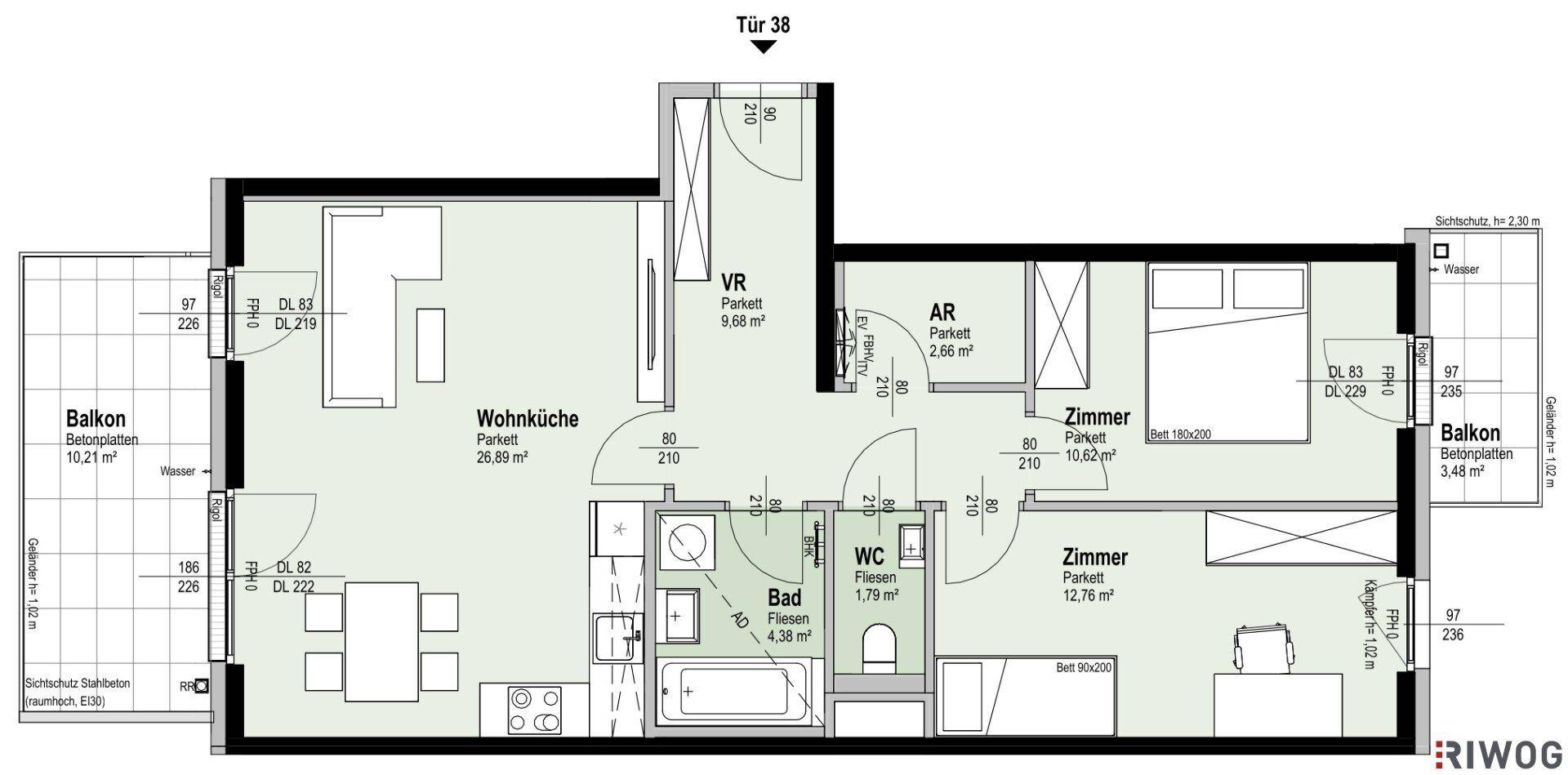 Grundriss einer Wohnung mit Wohnküche, zwei Zimmern, Bad und zwei Balkonen.