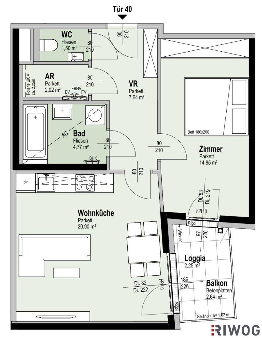 Grundriss der Wohnung Tür 40 mit Wohnküche, Bad und Loggia.