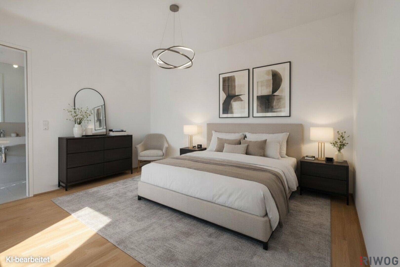 Modernes Schlafzimmer mit Doppelbett, Nachttischen und stilvoller Dekoration.