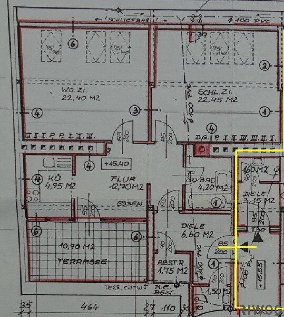 Detaillierter Grundriss einer Wohnung mit Wohnzimmer, Schlafzimmer, Küche, Bad und einer großzügigen Terrasse.
