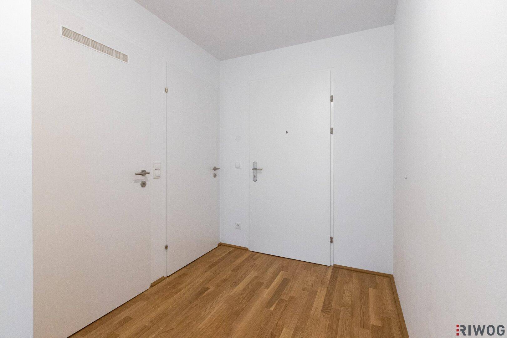 Eingangsbereich mit Holzboden und mehreren Türen zu den angrenzenden Räumen.