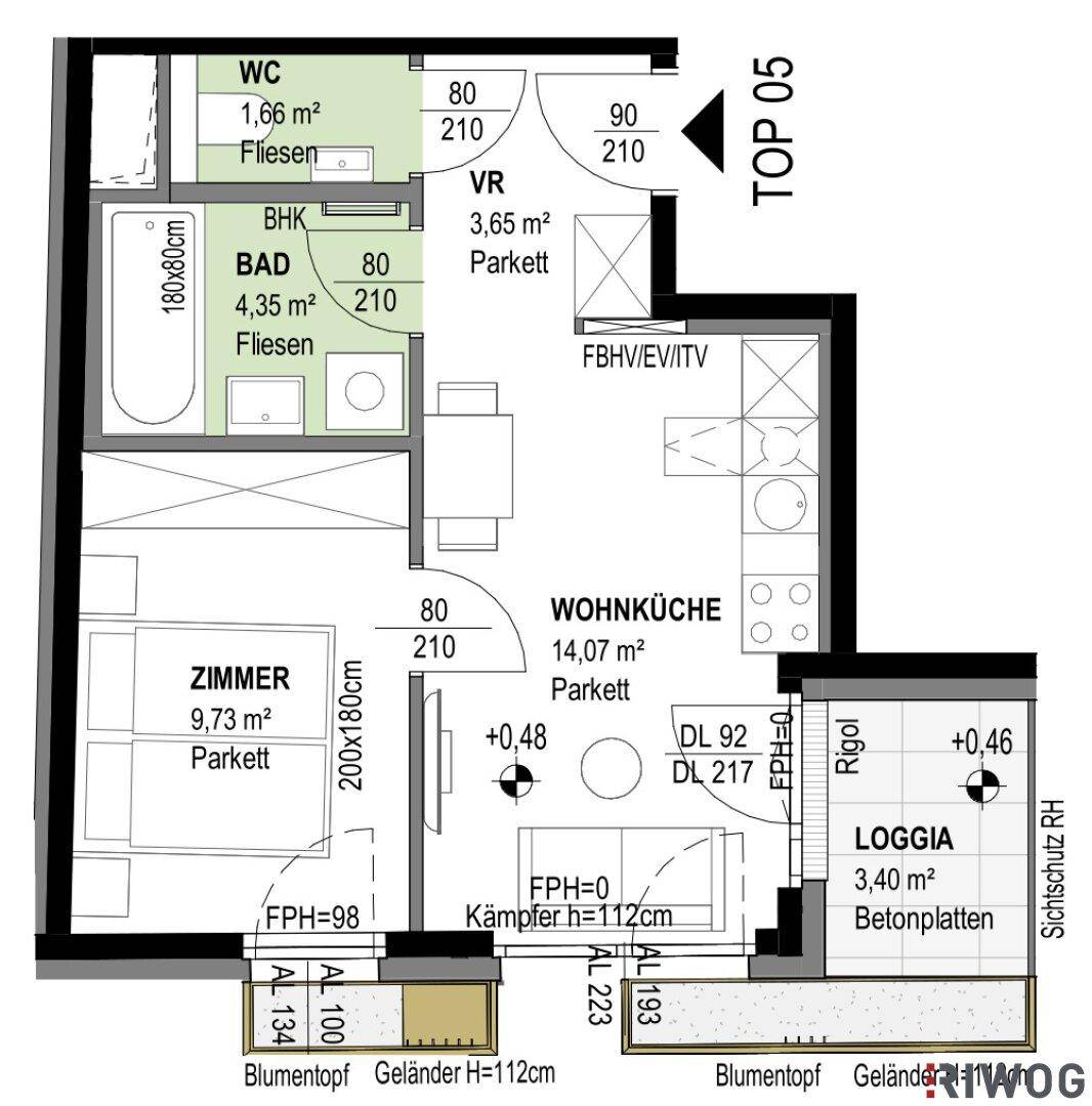 Grundriss der Wohnung Top 05 mit Wohnküche, Zimmer, Bad und Loggia.