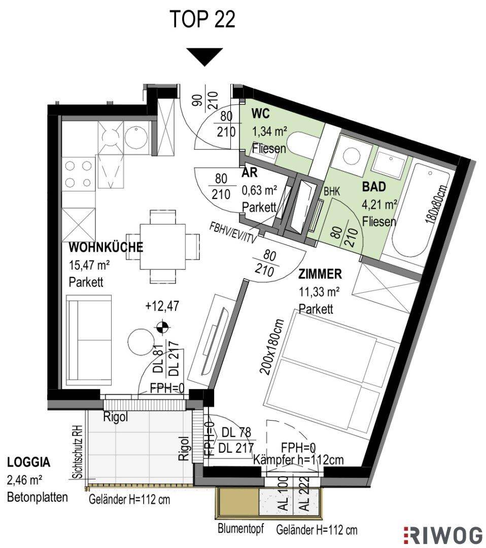 Grundriss der Wohnung TOP 22 mit offener Wohnküche, einem Zimmer, Bad, WC und Loggia.