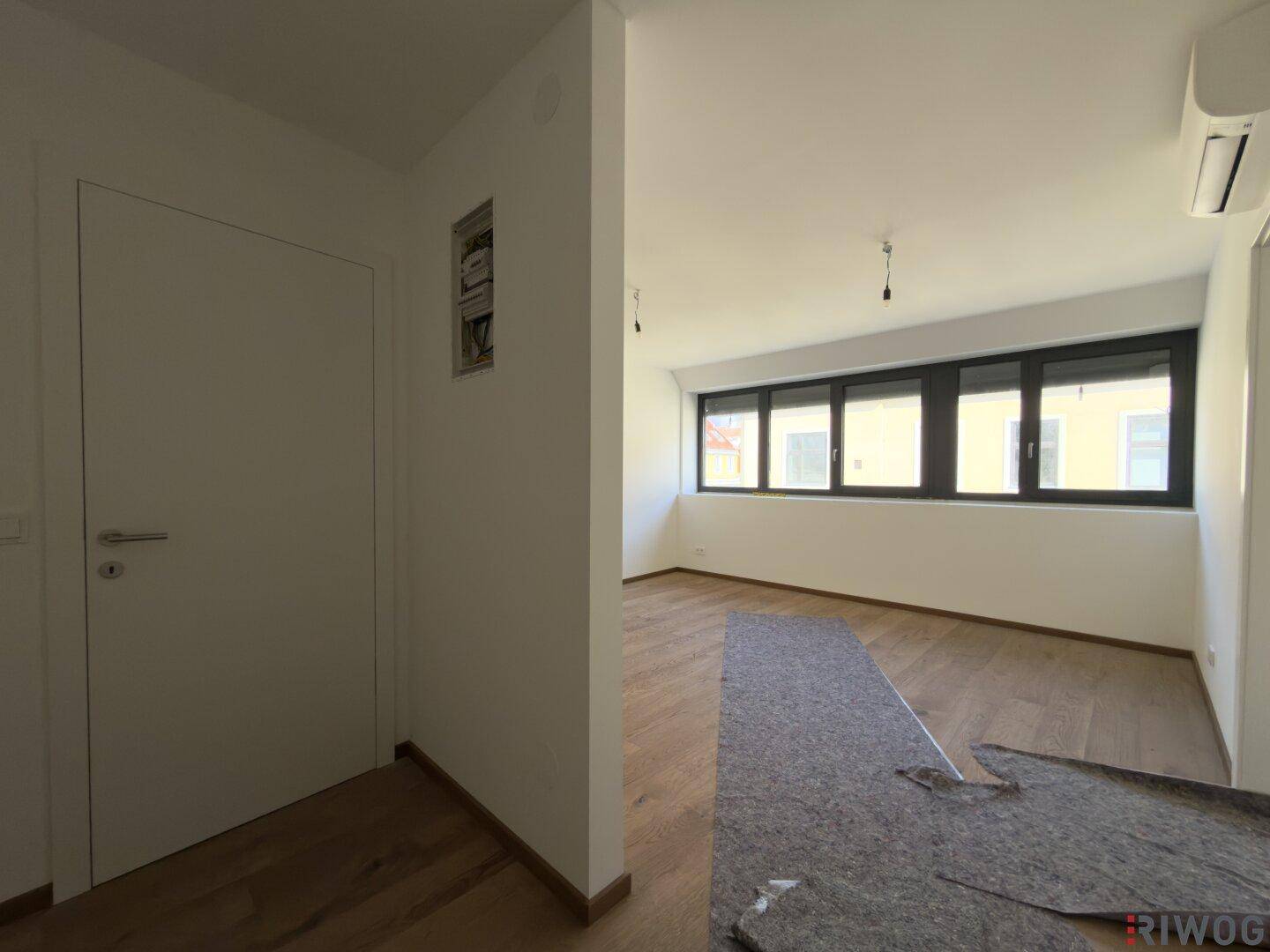 Eingangsbereich führt in ein helles Zimmer mit Holzboden und großen Fenstern.