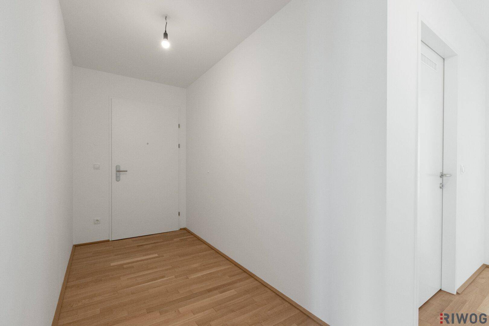 Heller Eingangsbereich mit Parkettboden und weißen Wänden, führt zu weiteren Räumen.
