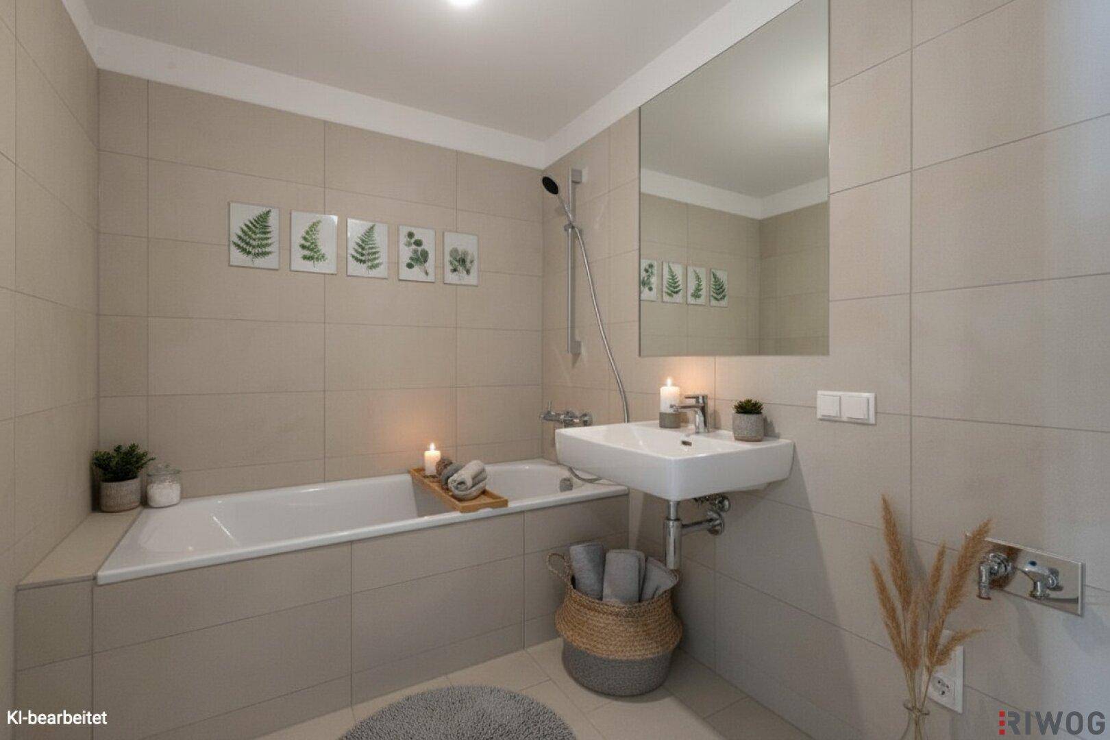 Modernes Badezimmer mit Badewanne, Waschbecken und hellen Fliesen, dekoriert mit Pflanzen.
