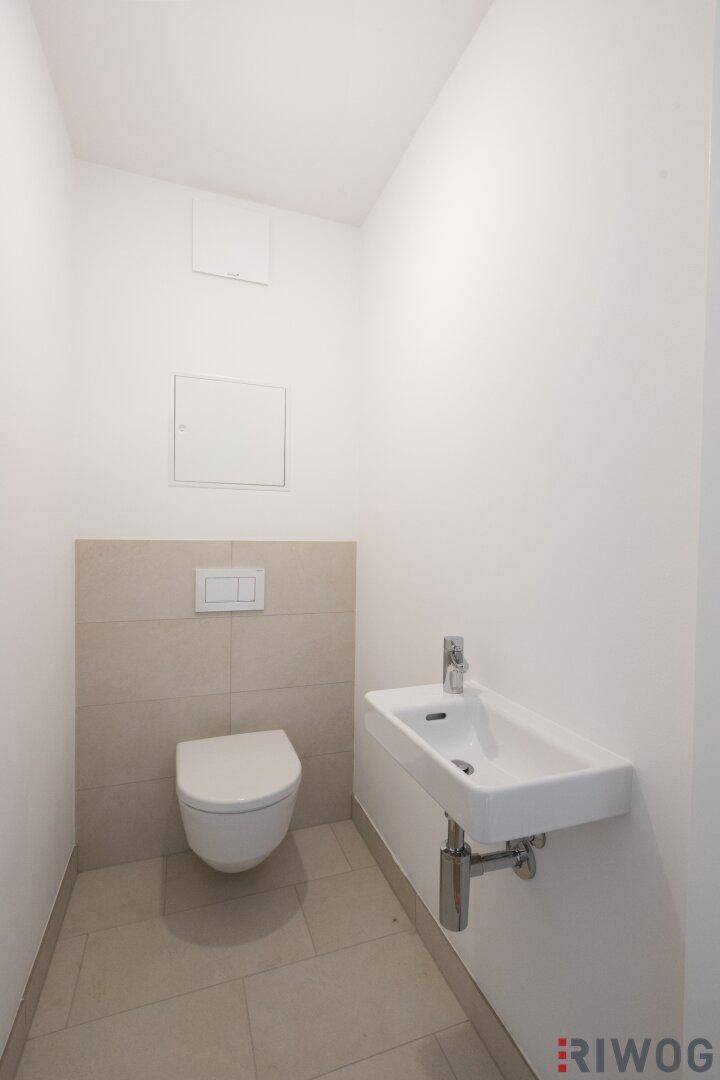 Separates Gäste-WC mit Wand-WC, kleinem Waschbecken und modernen Fliesen.