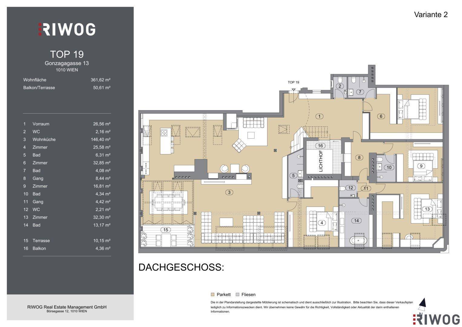 Detaillierter Grundriss des Dachgeschosses mit großem Wohnbereich, mehreren Schlafzimmern, Bädern und Zugang zu Terrasse und Balkon.