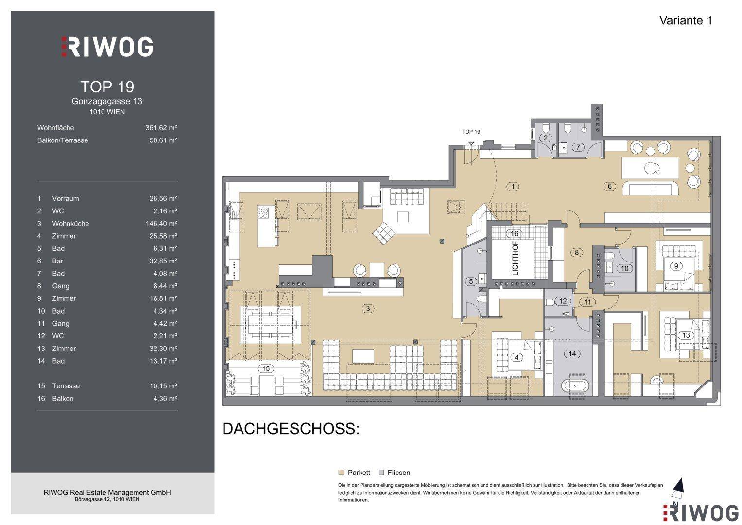 Detaillierter Grundriss des Dachgeschosses mit großem Wohnbereich, mehreren Schlafzimmern, Bädern und Zugang zu Terrasse und Balkon.