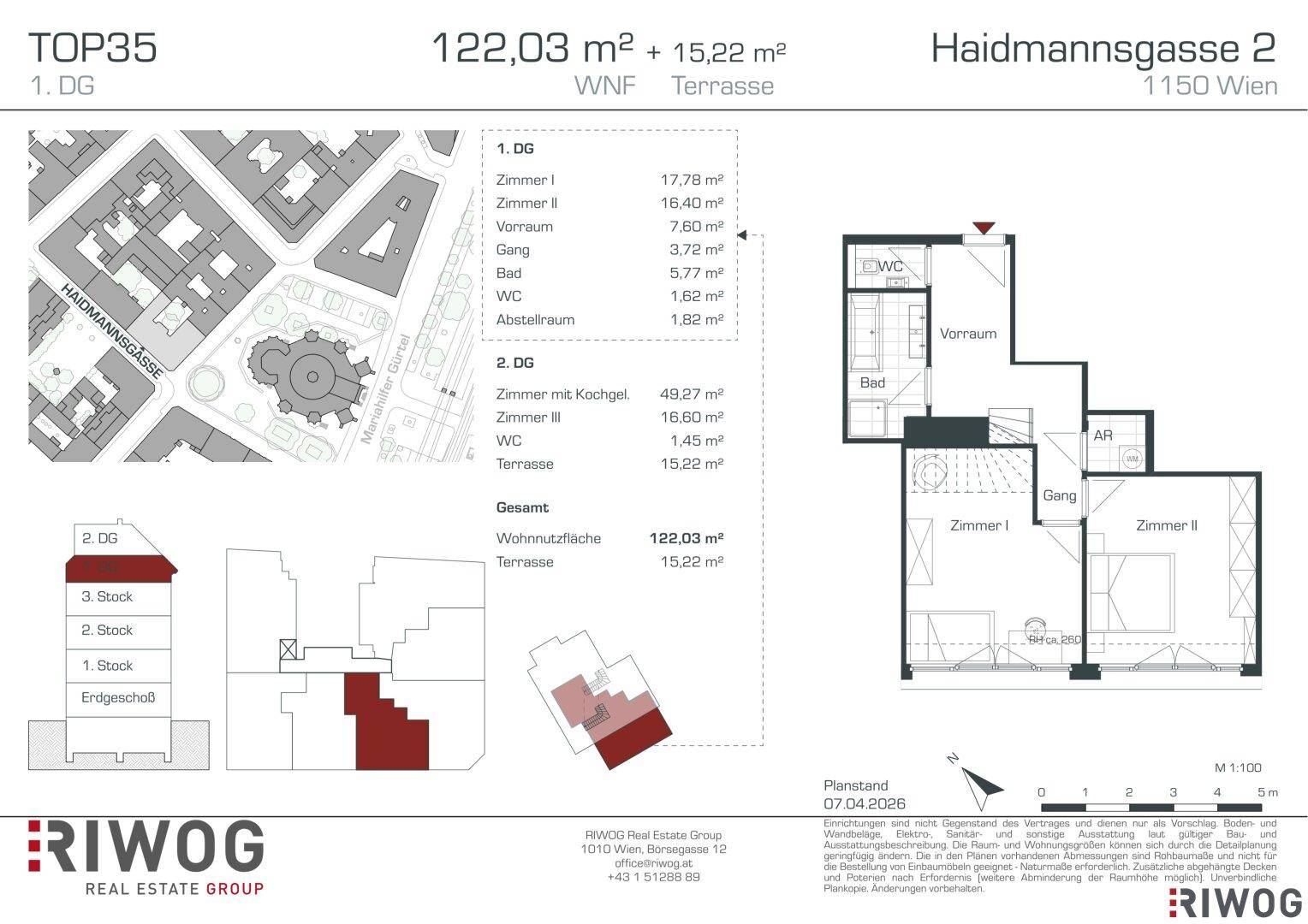 Grundrissplan der ersten Dachgeschossebene mit zwei Zimmern, Bad, WC und Abstellraum.