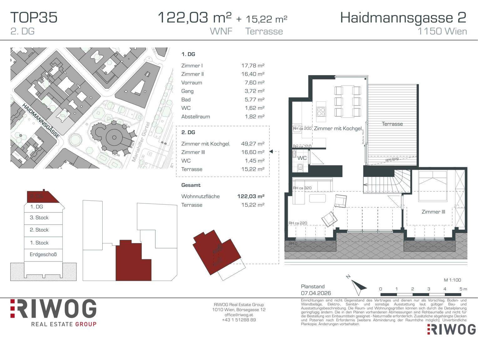 Grundrissplan der zweiten Dachgeschossebene mit Zimmer mit Kochgelegenheit, weiterem Zimmer, WC und Terrasse.