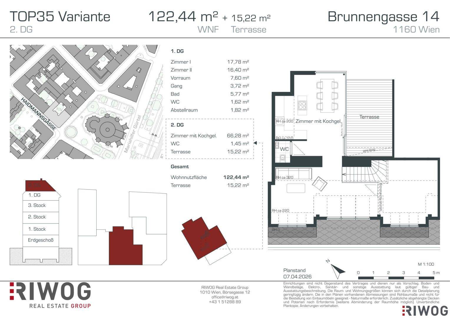 Alternativer Grundrissplan der zweiten Dachgeschossebene mit größerem Zimmer mit Kochgelegenheit, WC und Terrasse.