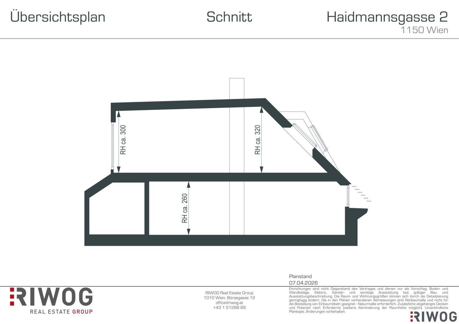 Schnittansicht des Gebäudes zeigt die Dachgeschosse mit unterschiedlichen Raumhöhen und Dachschrägen.