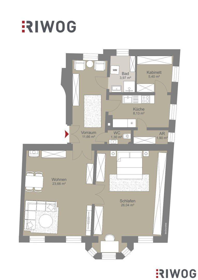 Grundriss einer Wohnung mit Wohnzimmer, Schlafzimmer, Küche und Bad.
