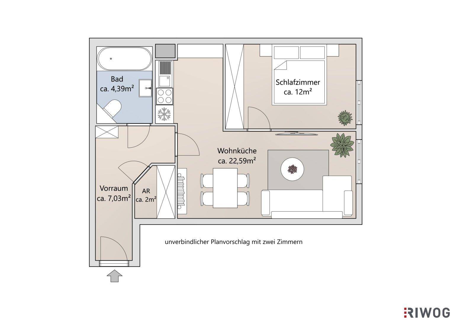 Unverbindlicher Planvorschlag mit zwei Zimmern, Wohnküche, Schlafzimmer und Bad.